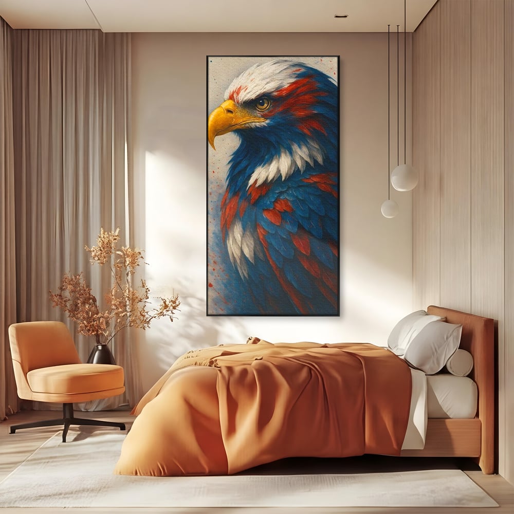 Tablou canvas cu tablou canvas cu vultur american pictat, in rama de aluminiu negru, pe perete intr-un dormitor